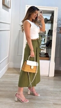 Saia Midi Evasê Prega Lateral Jolie Cinto Corda