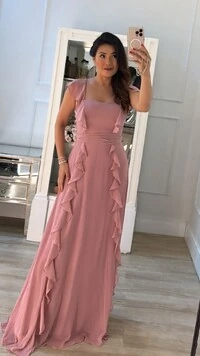 Vestido Longo Decote Coração Detalhe De Babado Zoe Com Cinto Faixa