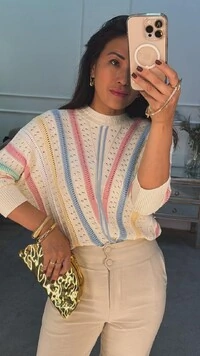 Blusa Tricot Ampla Multicolor Alice Com Nervuras E Entremeios