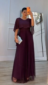 Vestido Longo Mangas Em Echarpe Vivi Saia Plissada Em Tule