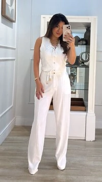 Calça Pantalona Twill Detalhe Pespontado Jessica Cinto Fino