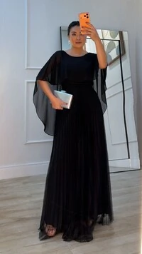 Vestido Longo Mangas Em Echarpe Vivi Saia Plissada Em Tule