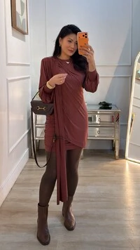 Vestido Curto Drapeado Mariana Mangas Longas Bufantes