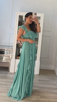 Vestido Longo Decote Coração Detalhe De Babado Zoe Com Cinto Faixa