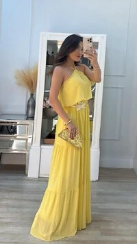 Vestido Chiffon Frente Única Com Amarração Helena Com Camadas