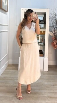 Saia Midi Bolsos Detalhe Trançado Esther Barrado Arredondado