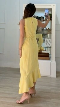 Vestido Midi Twill Bordado Barrado Assimétrico Jamile Cinto Fino