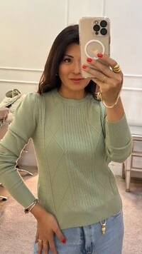 PRÉ-VENDA ENVIO 25/08 Blusa Tricot Mangas Princesas Nayara Nervuras Em Losangos