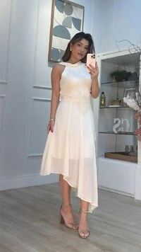 Vestido Midi Chiffon Detalhe Echarpe Fabiola Barrado Assimétrico