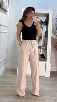 Calça Pantalona Cargo Thamires Pala Larga Com Amarração Frontal