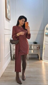 Vestido Curto Drapeado Mariana Mangas Longas Bufantes