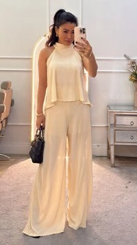 Conjunto Plissado Nani Blusa Cava Americana & Calça Pantalona