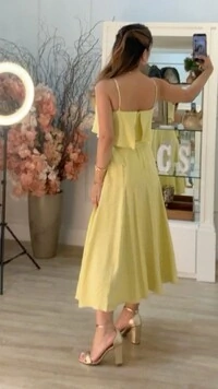 Vestido Midi Mescla Evasê Antonella Cinto Faixa Fivela Flores Duplas Douradas