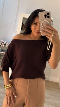 Blusa Tricot Amplo Canelados Horizontais Heloize Mangas 3/4 Com Punhos
