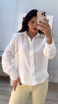 Camisa Linho Erika Mangas Bufantes Detalhe Em Renda