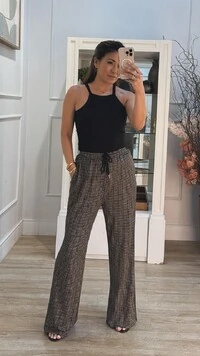 Calça Pied Poule Cinthia Pala Larga Com Amarração Frontal