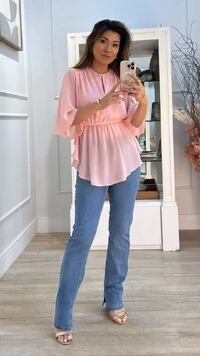 Bata Chiffon Mangas Em Evasê Thainá Elástico Franzido No Barrado