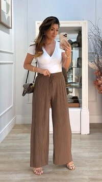 Calça Pantalona Plissada Yandra Amarração Frontal