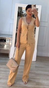 Colete Alongado Viscose Com Linho Helena Bolsos Frontais Com Lapela