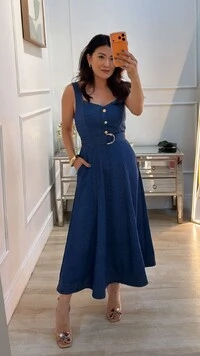 Vestido Midi Decote Coração Evelyn Cinto Faixa Pespontado