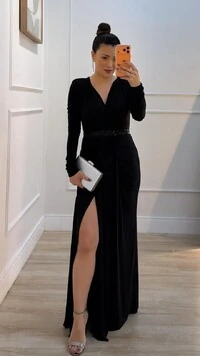 Vestido Longo Mangas Longas Jamile Cinto De Paetê