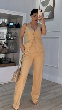 Calça Pantalona Viscose Com Linho Helena Cinto Corda Com Detalhe Trançado