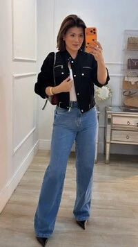 Jaqueta Casaco Curto Suede Maysa Bolsos Fake Com Lapela E Zíper