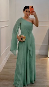 Vestido Longo Plissado Ombro Único Chloe Cinto Faixa