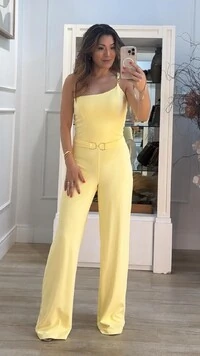 Macacão Longo Pantalona Alça Única Lady Cinto Fixo Fivela Dourada