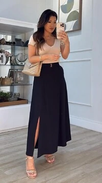 Saia Longa Detalhe Cinto Fiixo Com Fivela Camila Fenda Frontal