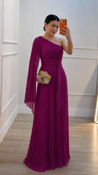 Vestido Longo Plissado Ombro Único Chloe Cinto Faixa