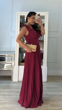 Vestido Longo Plissado Tereza Laço No Ombro