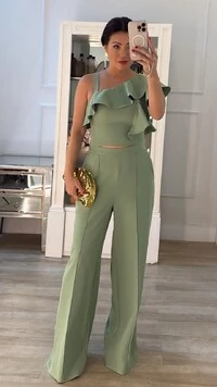 Conjunto Marisa Alfaiataria Blusa Cropped Manga Babados & Calça Pantalona