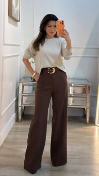 Calça Pantalona Alfaiataria Cecilia Cinto Fivela Larga Dourada