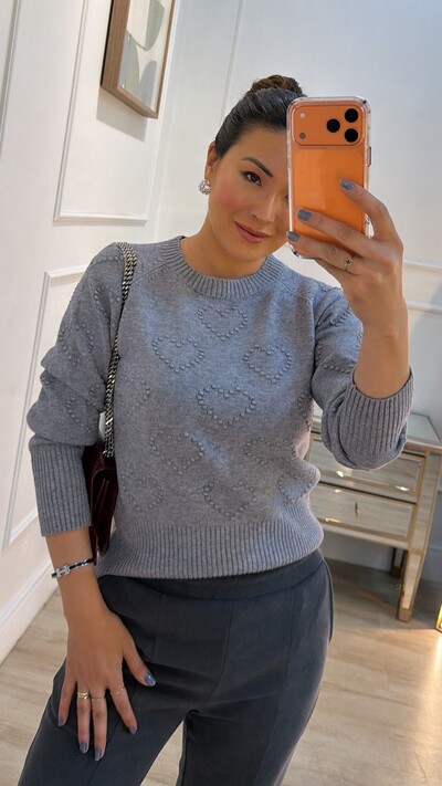 FotoBlusa Tricot Pandora Corações Em Relevo Frontais E Nas Mangas