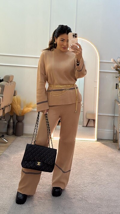 Foto Conjunto Tricot Vilma Blusa & Calça Pantalona Com Listra Dupla