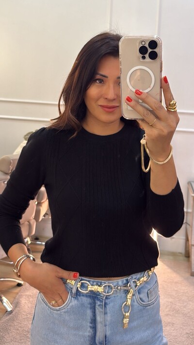 FotoBlusa Tricot Mangas Princesas Nayara Nervuras Em Losangos