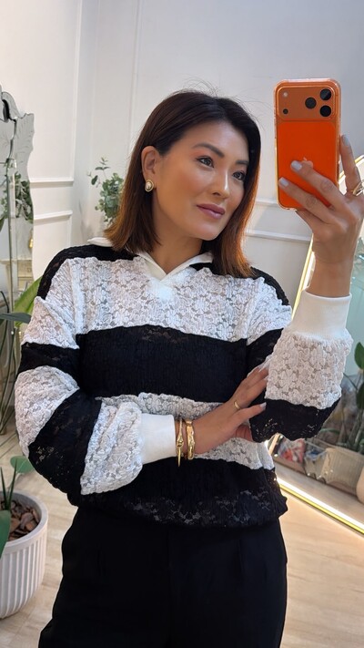 Foto Blusa Gola Polo De Renda Bicolor Marina Detalhe Canelado