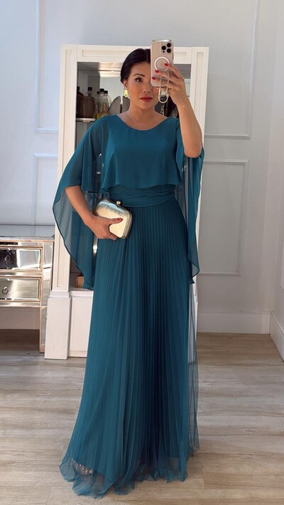 Foto Vestido Longo Mangas Em Echarpe Vivi Saia Plissada Em Tule