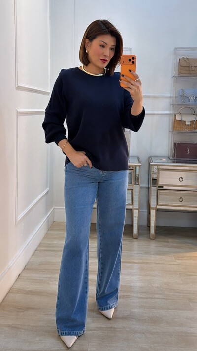 Foto Blusa Tricot Thalita Mangas Bufantes Com Nervuras Caneladas