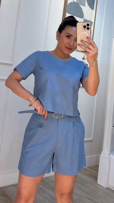 FotoBlusa Morgan Mangas Curtas Com Martingale E Botão Marmorizado