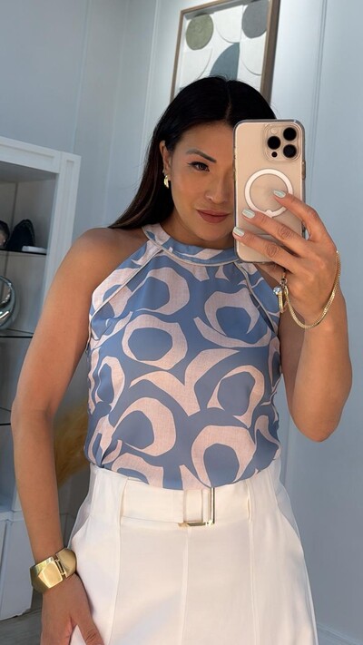 FotoBlusa Regata Cavada Bicolor Jessica Detalhe Vivo Em Linho