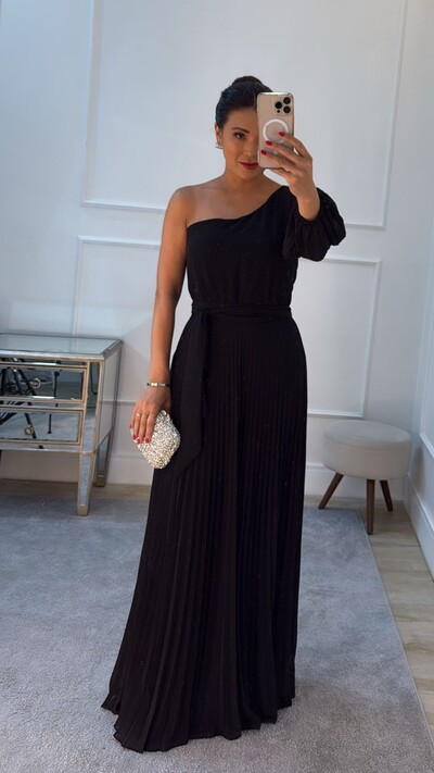 Foto Vestido Longo Crepe Plissado Manga Longa Única Laís Com Cinto Faixa