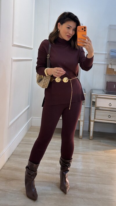 Foto Conjunto Tricot Esther Poncho Gola Rolê E Calça
