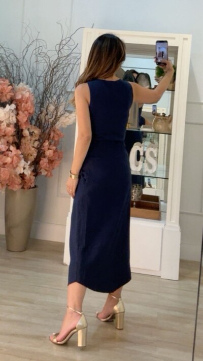 FotoSaia Midi Bolsos Detalhe Trançado Esther Barrado Arredondado