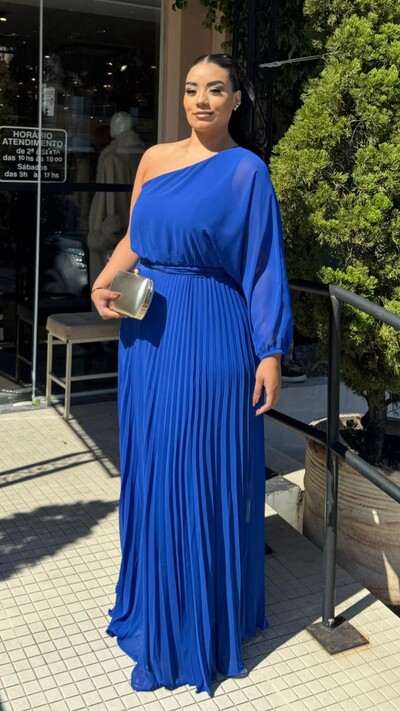 Foto Vestido Longo Plissado Carla Manga Única Com Cinto Faixa