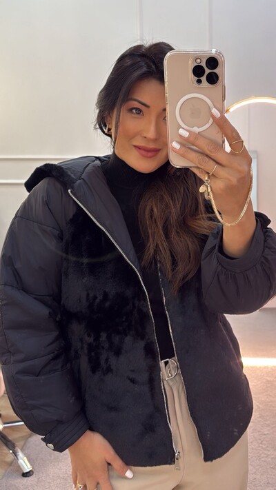 Foto Jaqueta Puffer Nylon Com Teddy Estella Mangas Bufantes