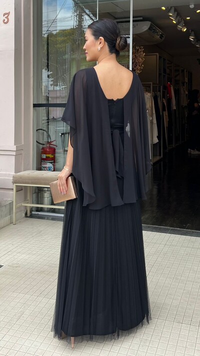 FotoVestido Longo Mangas Em Echarpe Vivi Saia Plissada Em Tule