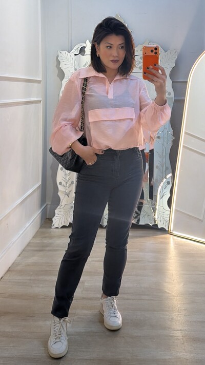 Foto Blusa Translucida Maxi Bolso Frontal Pati Elástico Nos Punhos E Barrado