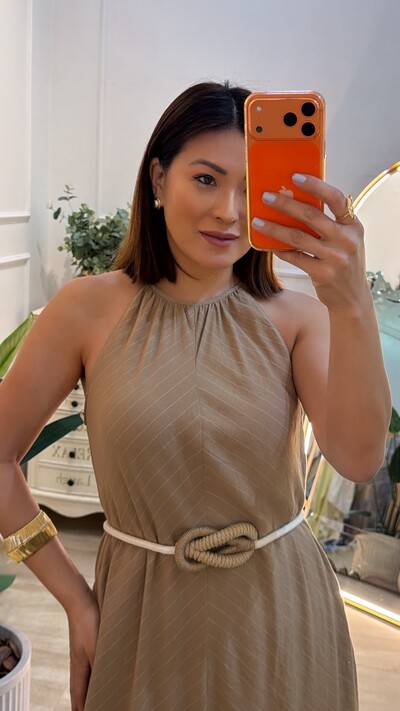 Foto Vestido Midi Cavado Risca De Giz Aurora Com Cinto Corda